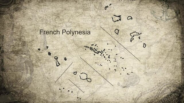 French Polynesia map drawn on a cartography background sheet of paper