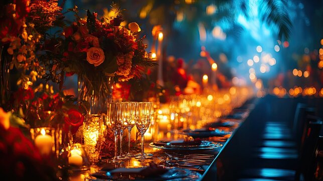 Luxury corporate event venue with elegant table settings, upscale decorations, and ambient lighting display