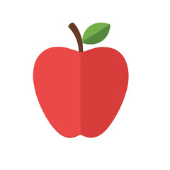 Fototapeta premium A simple, flat design illustration of a vibrant red apple with a brown stem and a single green leaf, presented against a clean white background.