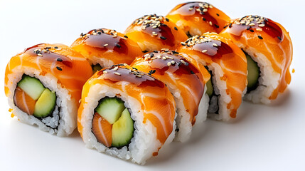 Close-up of a row of eight salmon sushi rolls with avocado and sauce, sprinkled with sesame seeds, on a white background.