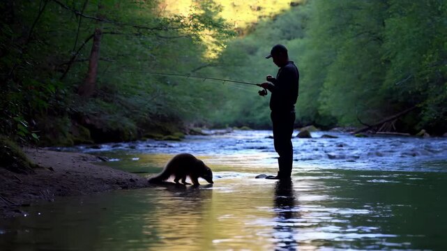 Fisherman watching raccoon drinking in river