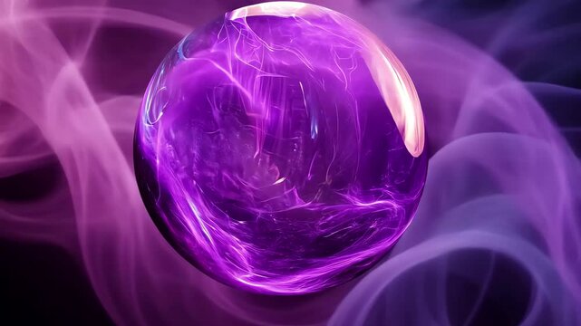 Mystical purple crystal ball with swirling mist during an enchanting evening, Mystical purple crystal ball surrounded by swirling smoke