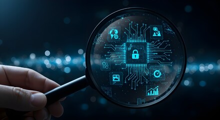 Futuristic Magnifying Glass Over Digital Network Interface – Cyber Data Concept
