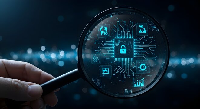 Futuristic Magnifying Glass Over Digital Network Interface – Cyber Data Concept