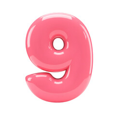 Fototapeta premium Glossy Pink Number Nine 3d Rendering on Transparent Background