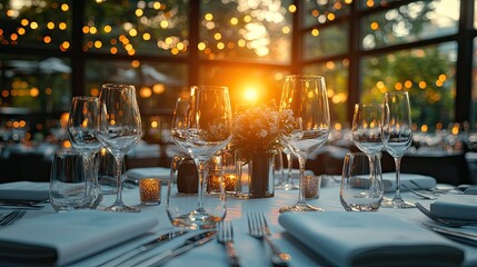 Luxury corporate event venue with elegant table settings, upscale decorations, and ambient lighting display