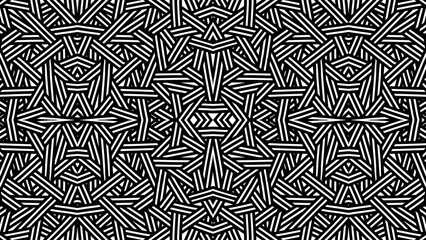 A complex black and white geometric pattern with repeating interwoven lines and symmetrical design elements