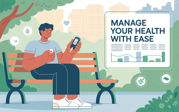 The individual, dressed in casual attire, appears relaxed and focused, with a gentle expression, holding the glucometer in their right hand with a test strip inserted.