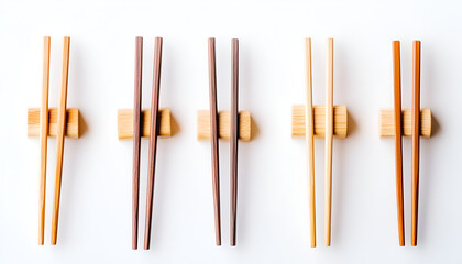 Five pairs of wooden chopsticks in various shades, neatly arranged on wooden rests against a white background.