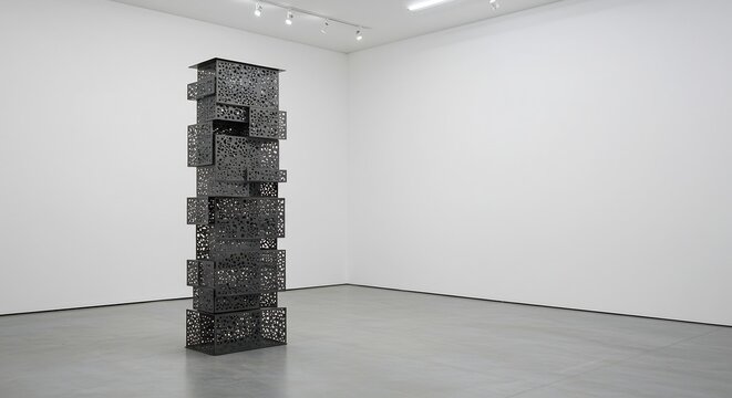 A tall dark metal sculpture of perforated stacked boxes stands centrally in a minimalist white gallery space