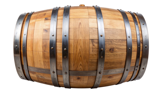 Wooden oak barrel with metal hoops and rich wood grain texture,  Isolated on a transparent or white PNG background