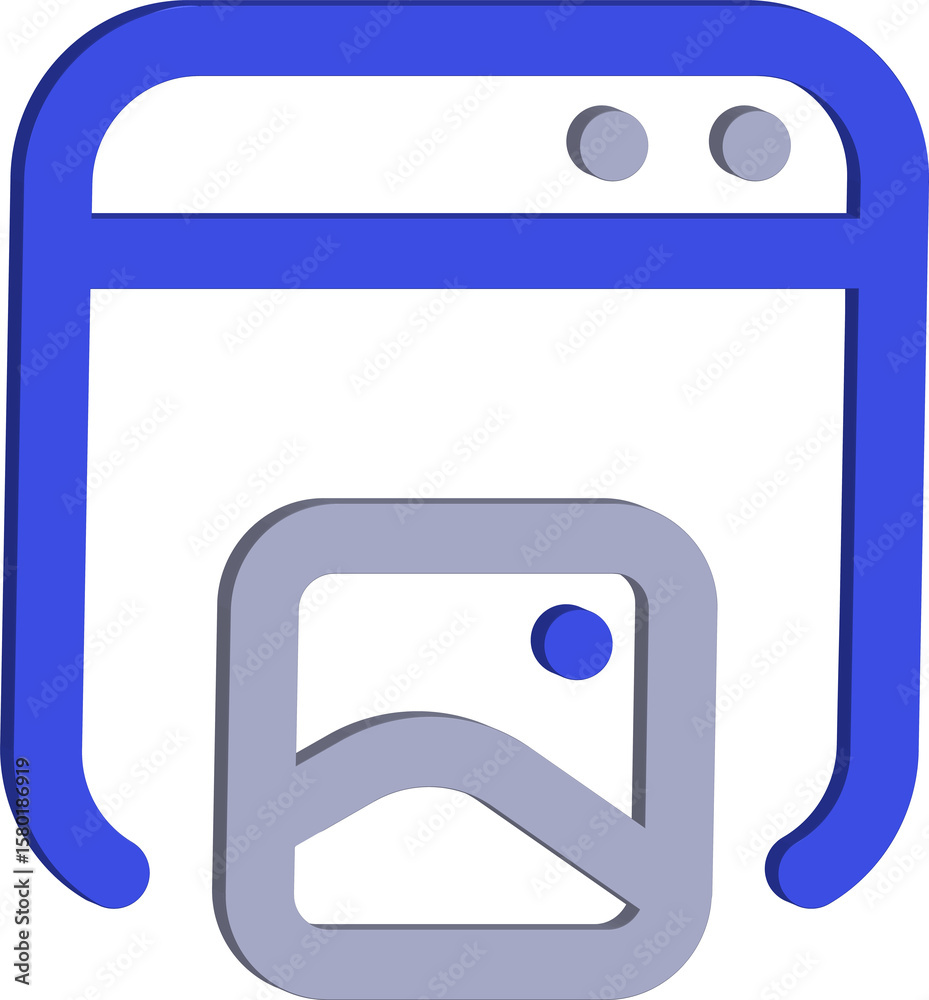 Poster Abstract 3d rendering of a stylized browser window displaying a landscape image with a blue frame and gray elements isolated on transparent background