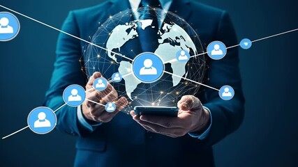 Businessman using smartphone to connect with global network, showcasing digital communication - Powered by Adobe