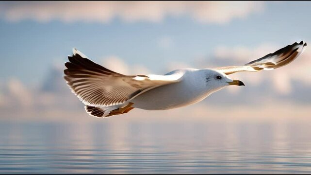 Seagull in Flight: A graceful seagull soars effortlessly above a calm body of water, its wings outstretched against a backdrop of soft clouds.