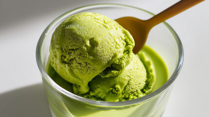 Green ice cream scoop in glass bowl with spoon, creamy texture and fresh dessert delight