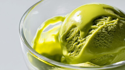 Green tea ice cream scoop with creamy texture in glass bowl, refreshing dessert with smooth melting surface