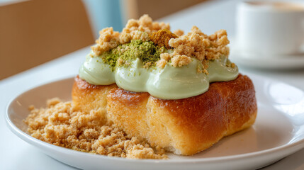 Soft bread topped with creamy green matcha frosting and crumbly streusel on white plate, evoking cozy dessert moment