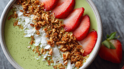 Matcha smoothie bowl topped with granola, sliced strawberry, and coconut flakes, offering fresh and healthy breakfast option