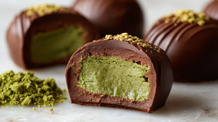 Matcha chocolate truffle with creamy green tea filling and smooth dark chocolate coating, sprinkled with matcha powder