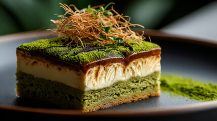 Matcha cake dessert with creamy layers and green tea powder topped with crispy garnish on dark plate, delicious and elegant