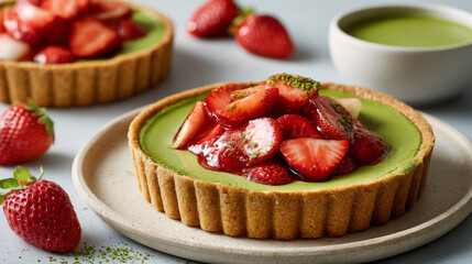Matcha tart with fresh strawberry topping on ceramic plate with green tea in background, delicious dessert with vibrant colors