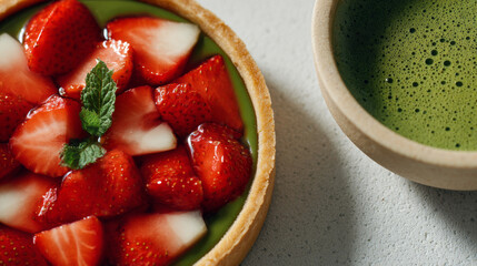 Strawberry tart with fresh mint leaves and cup of frothy green tea on light textured surface, vibrant and appetizing