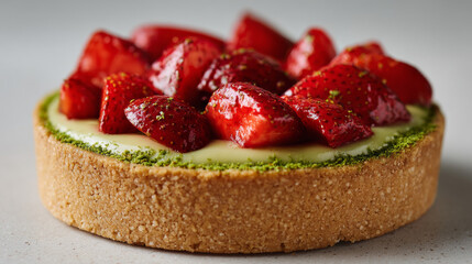 Strawberry tart with matcha cream and crumbly crust, fresh red fruit topping, delicious dessert with vibrant colors and smooth