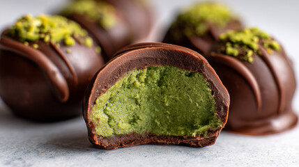 Matcha green tea chocolate truffle with creamy filling and dark chocolate coating, decorated with crushed nuts, delicious
