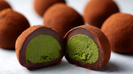 Matcha green tea chocolate truffle cut in half with cocoa powder coating and smooth creamy texture, delicious dessert treat