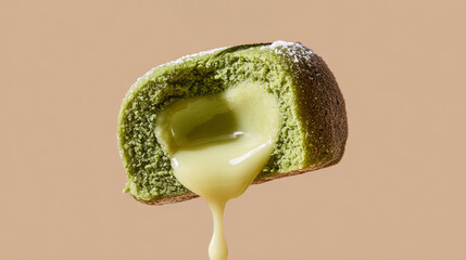 Green tea cake with creamy filling dripping, soft texture dessert with sweet flavor on beige background