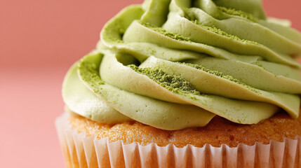Green tea flavored cupcake with creamy frosting and powder topping, delicious dessert with soft texture and sweet taste