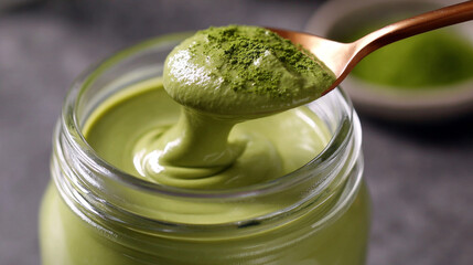 Green tea cream in glass jar with wooden spoon, smooth texture and fresh matcha powder topping, healthy dessert delight