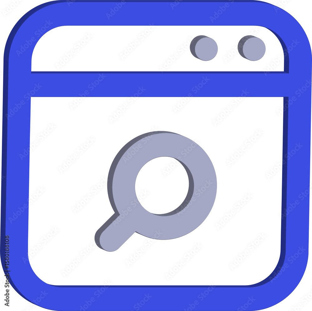 Fototapete Stylized 3d browser window icon with a magnifying glass search symbol and two dots representing tabs isolated on transparent background