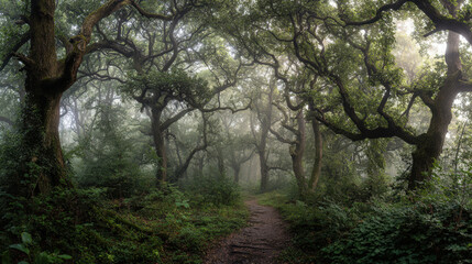 Obraz premium A misty forest trail invites exploration and offers a serene, natural escape.