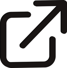 A black square with a diagonal arrow pointing outwards from the top right corner of the square isolated on transparent background