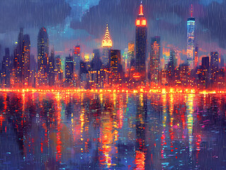 Fototapeta premium A vibrant, artistic depiction of the New York City skyline at night, reflecting in a rainy cityscape.