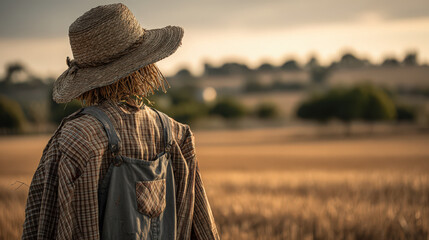A scarecrow in a field at sunset, perfect for Halloween or autumn
