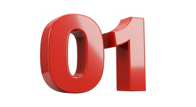 Glossy Red 3D Render Number One and Zero Transparent Background