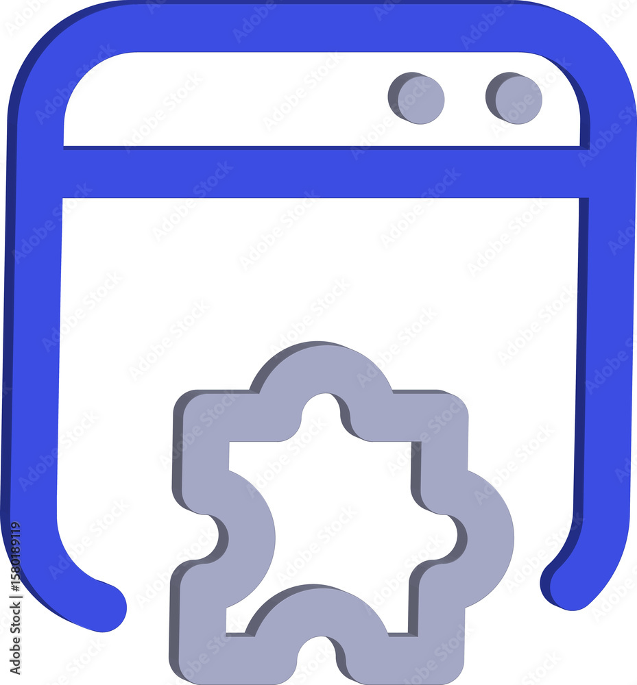 Fototapete Abstract 3d blue browser window icon with a grey gear puzzle piece inside representing settings or configuration isolated on transparent background