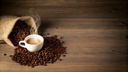 Hot, steaming coffee in a white cup alongside roasted beans spilling from a burlap sack displays rustic warmth on a wooden surface.