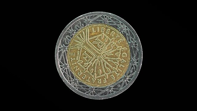France 2002 2 euro obverse with tree of life and motto rotating on black background