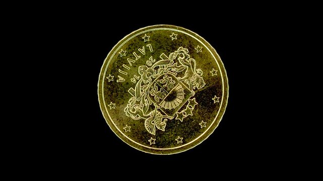 Latvia 2014 50 cent obverse with national coat of arms design rotating on black background