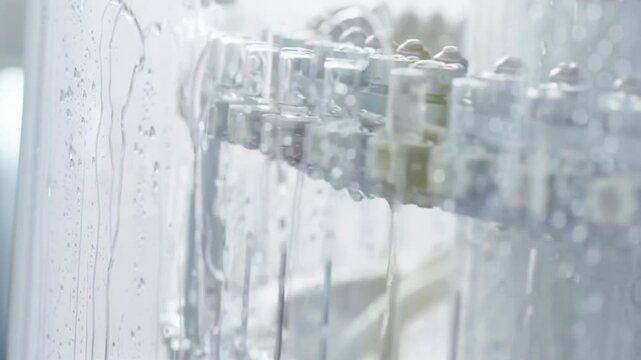 Automation Medical Ampoule vaccine vial internal washing machine, injections vials bottle being washed at Production Line In Modern Laboratory Pharmaceutical Factory