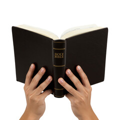 Hands Holding Open Bible Book for Reading Religion and Spirituality