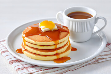 Delicious stack of pancakes topped with butter and caramel sauce alongside a steaming cup of coffee for a perfect breakfast. Ai Generated Images