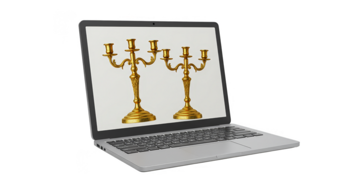 Golden Candlesticks on Laptop Transparent Background 3D Rendering