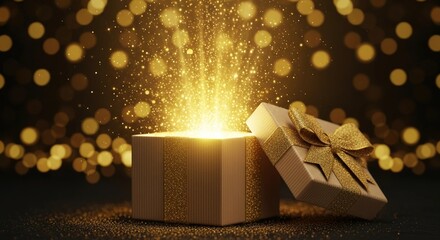 An open gift box with golden light and particles emerging, magic of giving and receiving, surprise and wonder, celebration and special occasions, and festive holiday spirit.