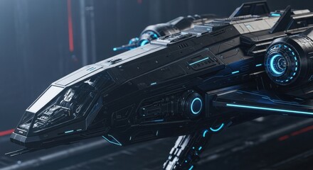 Futuristic Dark Spacecraft Cockpit Interior with Blue Lighting and Advanced Technology