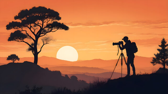  Photographer Silhouette Capturing Sunset Landscape with Camera & Tripod