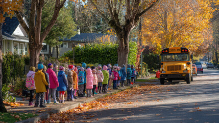 Children eagerly await the school bus on a crisp autumn morning, ready for the school day
